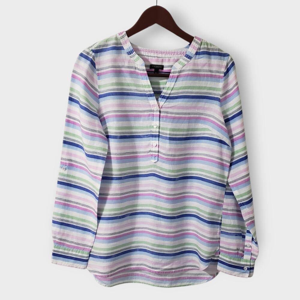 Talbots Linen Purple Stripe Popover Tunic Top Small‎ Coastal Casual Colorful